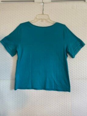St Johns Bay Teal Cotton Blend Short Sleeve Top-Lace Border Accents, Sz PL EUC